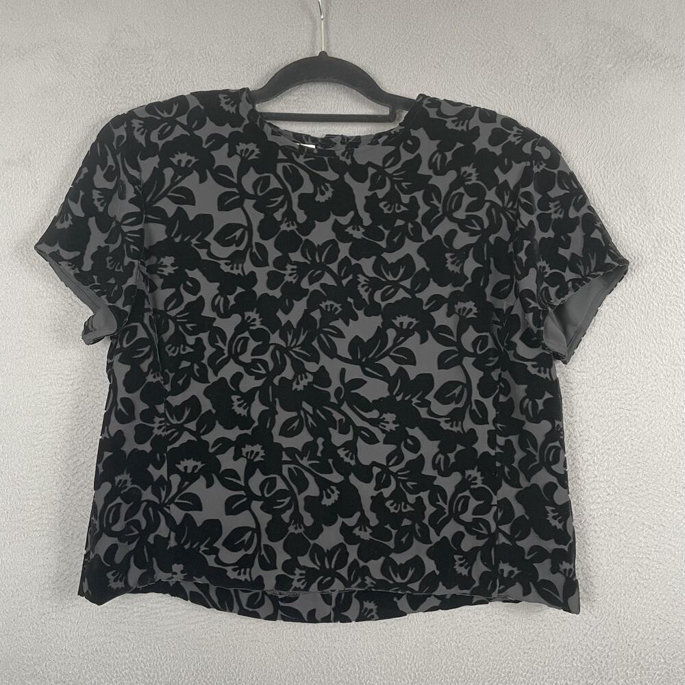 Rena Rowan Blouse Womens 14 Black Gray Floral Silk Blend Burnout Velvet Top